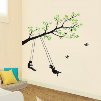 Boy and Girl Swinging under the Green Tree - Vinyl Wall Stickers 
